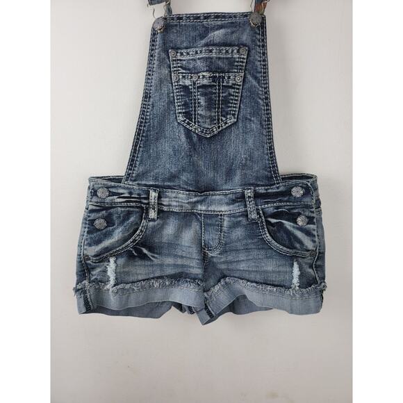 Hippie Laundry Overall Denim Shorts 1 Womens/Juniors Cuffed Distressed Med Wash - Picture 3 of 4